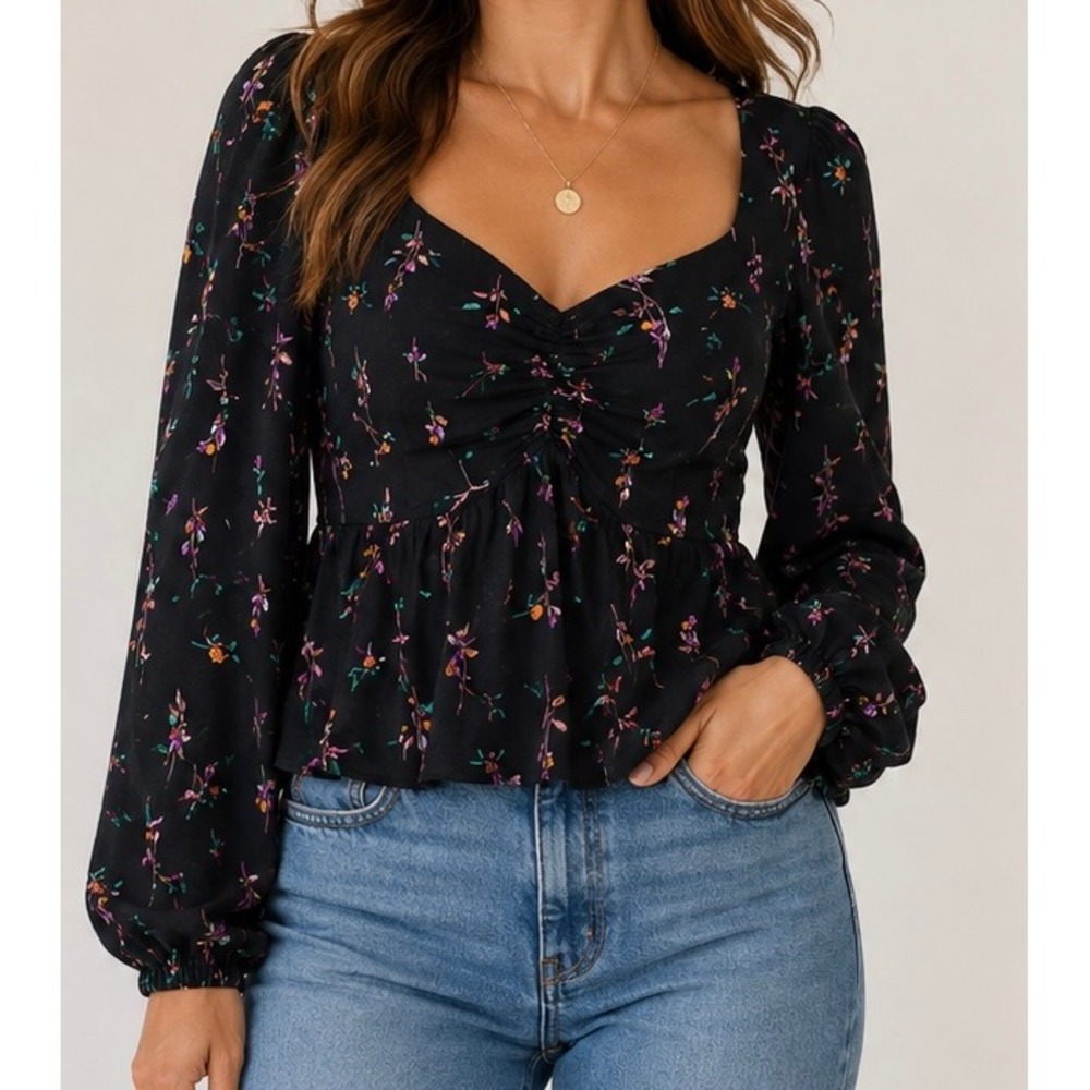 AFRM Black Floral Peplum Long Sleeve Top Sweetheart Ruched Bust